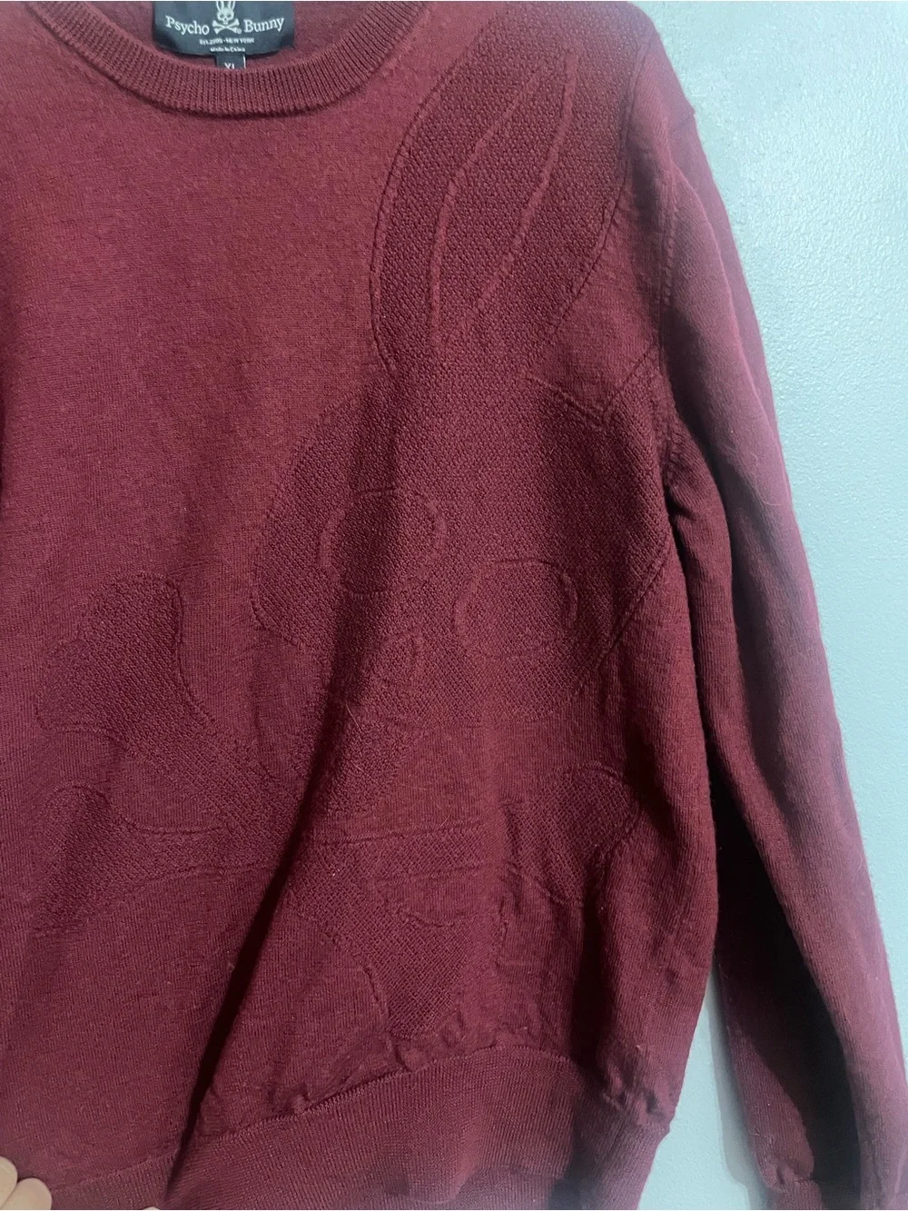 RARE Psycho Bunny Men's Logo Burgundy Merino Wool Crewneck Sweater